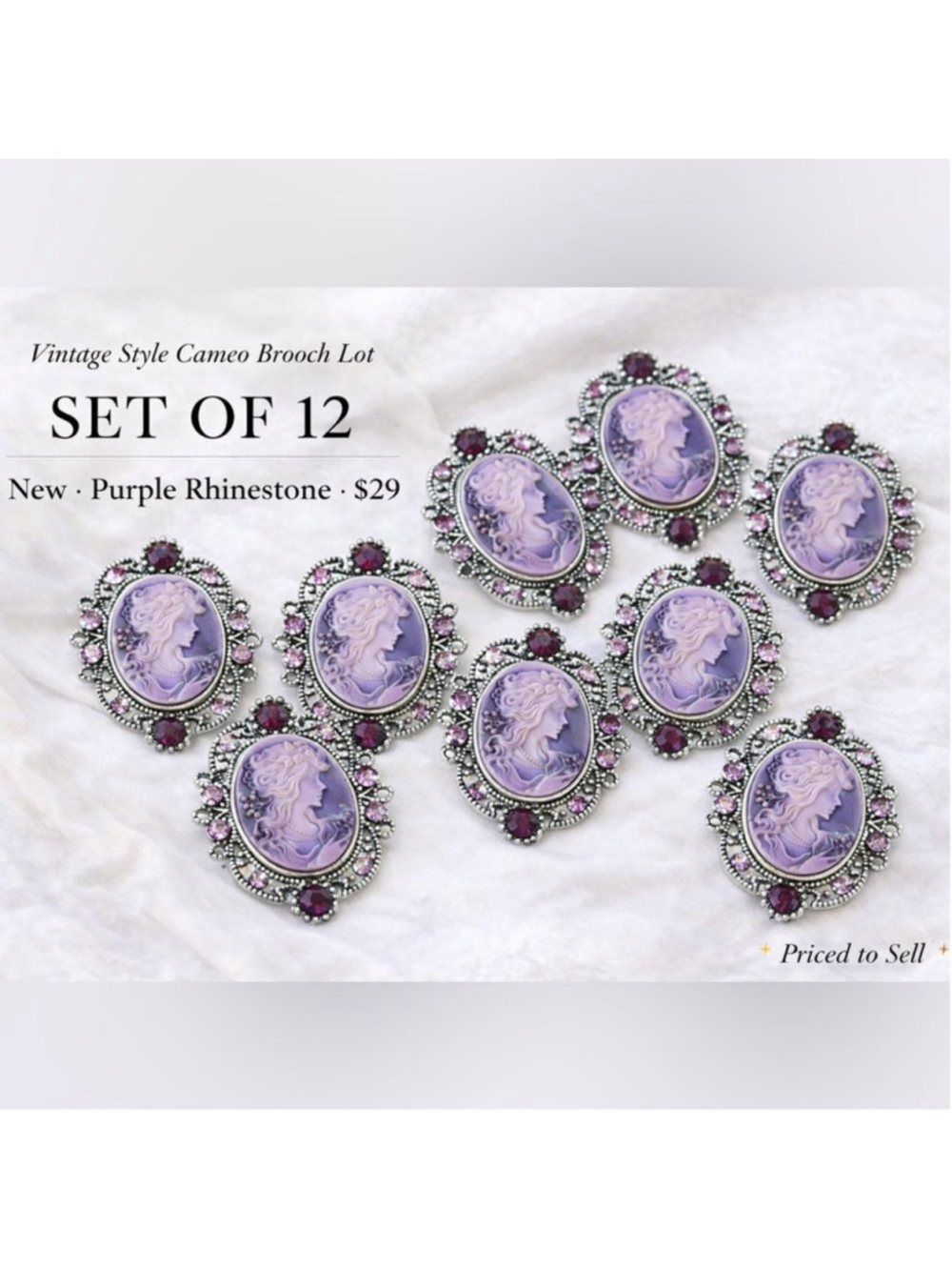 Vintage Style Purple Cameo Brooch Set/Bundle 12 Rhinestone Victorian Pins NWT
